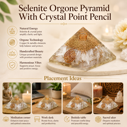 Selenite Orgone pyramid with Clear Quartz Crystal Pencil  DestGlow