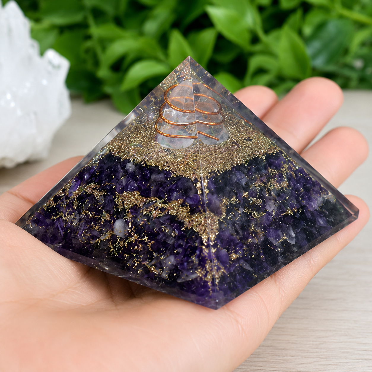 Amethyst Orgone pyramid With Clear Quartz Crystal Pencil  DestGlow