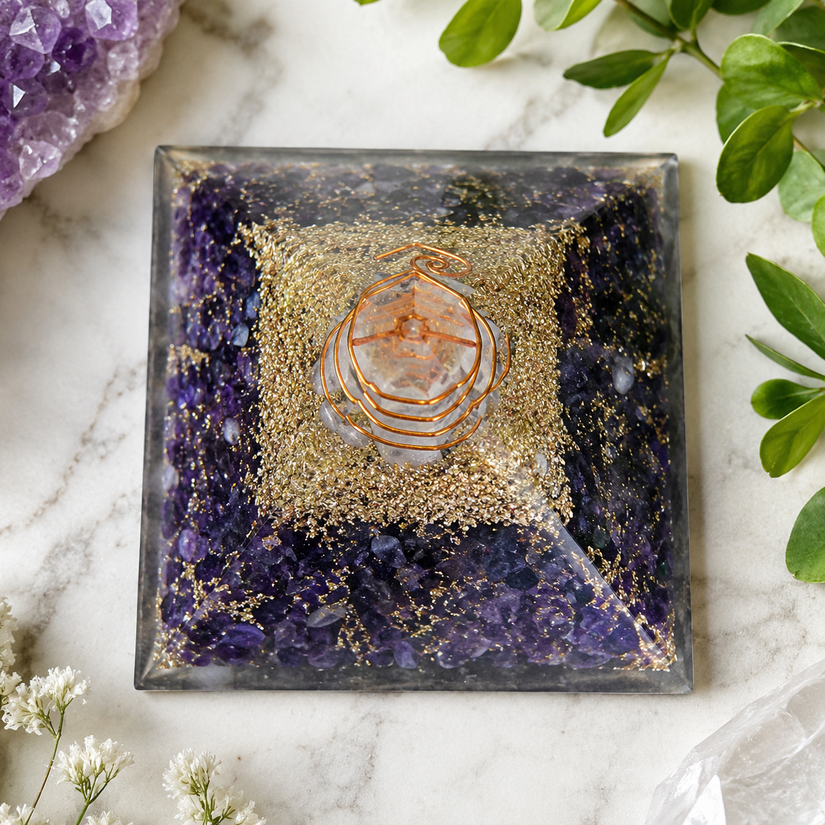 Amethyst Orgone pyramid With Clear Quartz Crystal Pencil  DestGlow