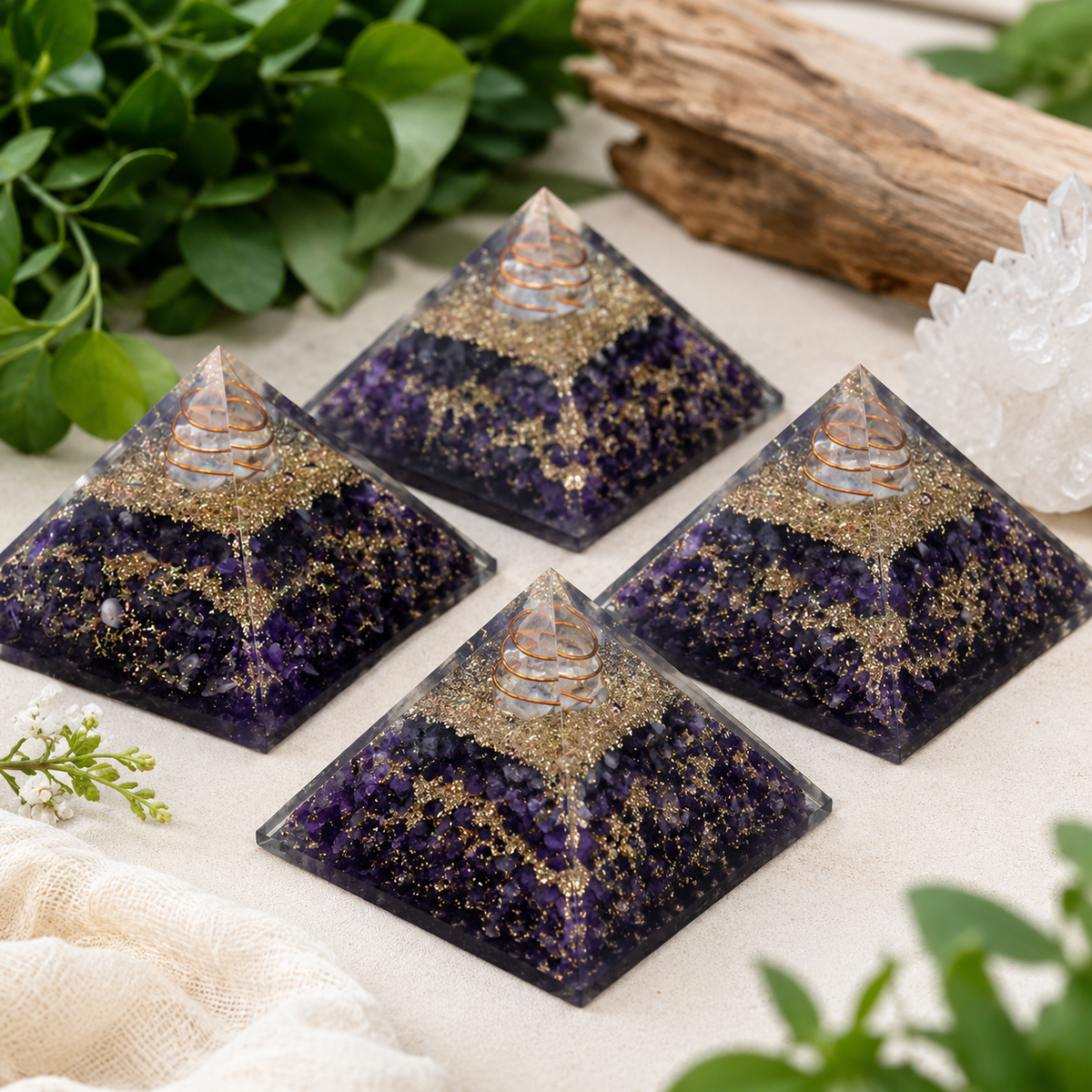 Amethyst Orgone pyramid With Clear Quartz Crystal Pencil  DestGlow