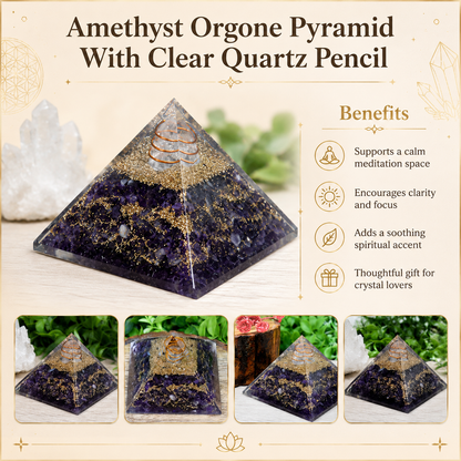 Amethyst Orgone pyramid With Clear Quartz Crystal Pencil  DestGlow