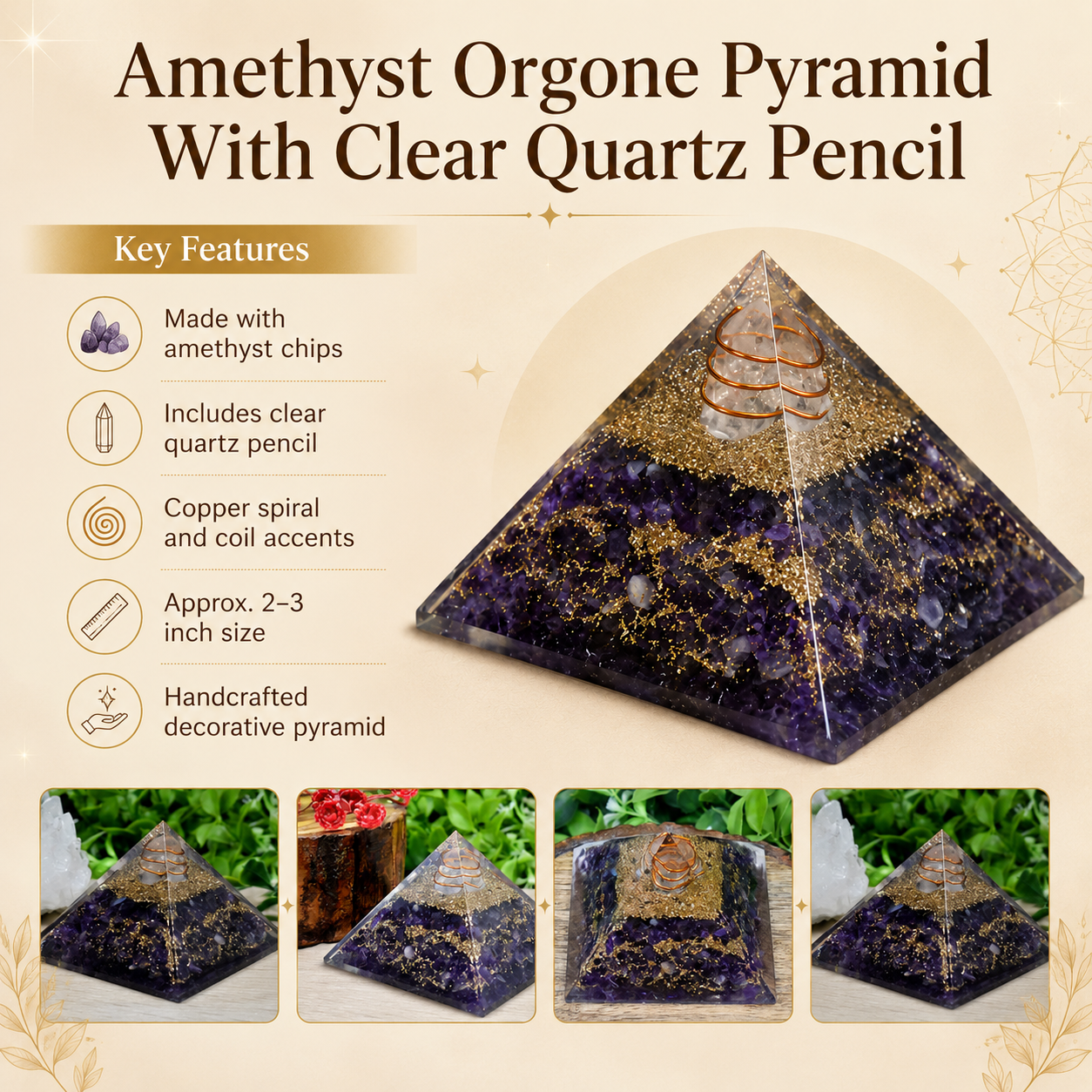 Amethyst Orgone pyramid With Clear Quartz Crystal Pencil  DestGlow