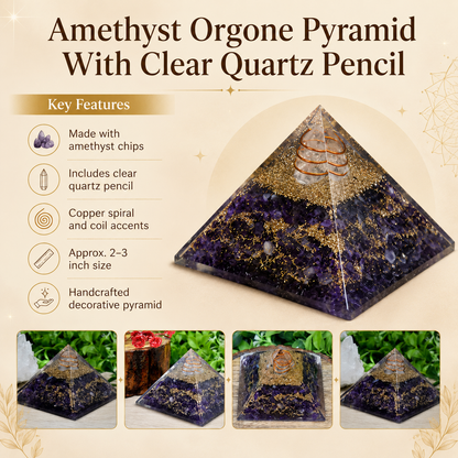 Amethyst Orgone pyramid With Clear Quartz Crystal Pencil  DestGlow