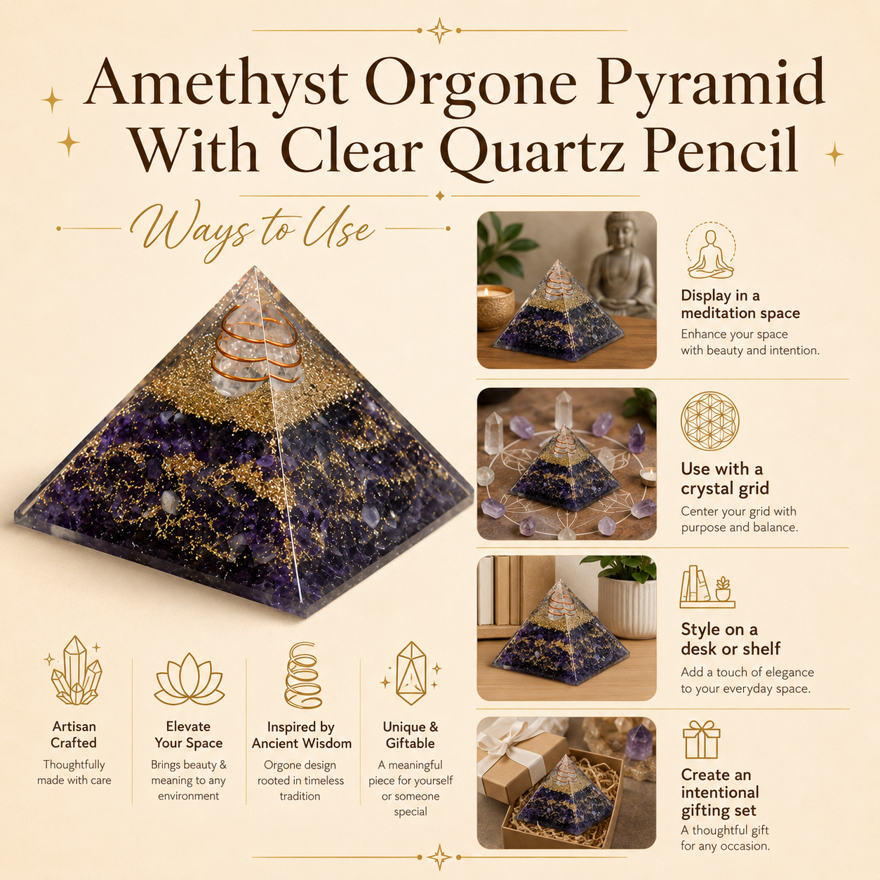 Amethyst Orgone pyramid With Clear Quartz Crystal Pencil  DestGlow