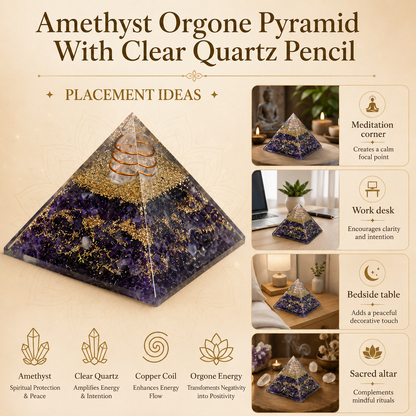 Amethyst Orgone pyramid With Clear Quartz Crystal Pencil  DestGlow