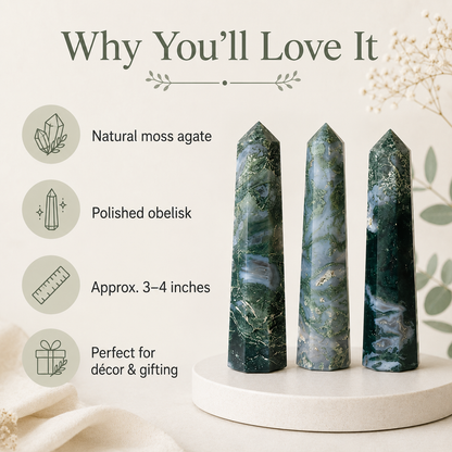 Moss Agate Tower Point (Tranquility and Emotional Balance)  DestGlow