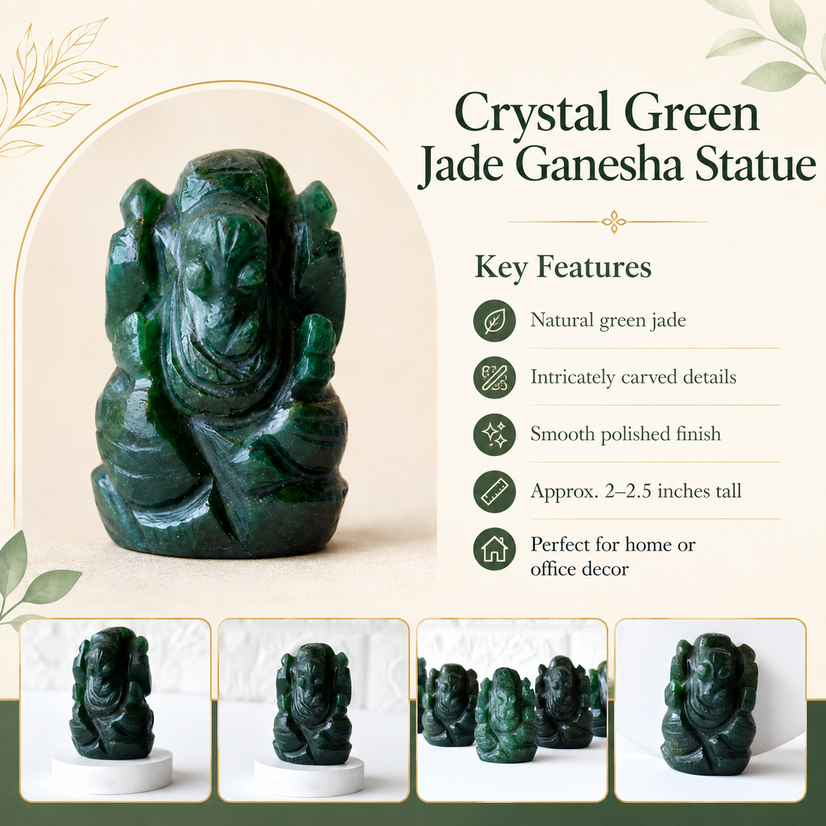 Green Jade Ganesha Statue (Wisdom and Balance)  DestGlow