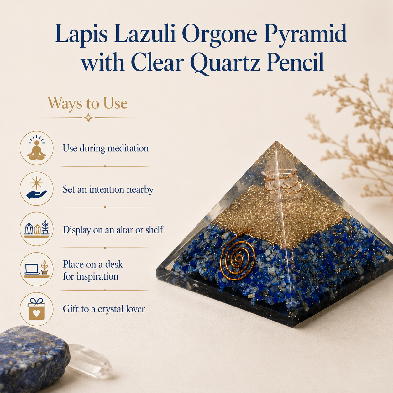 Lapis Lazuli Orgone pyramid, Clear Quartz Crystal Pencil  DestGlow