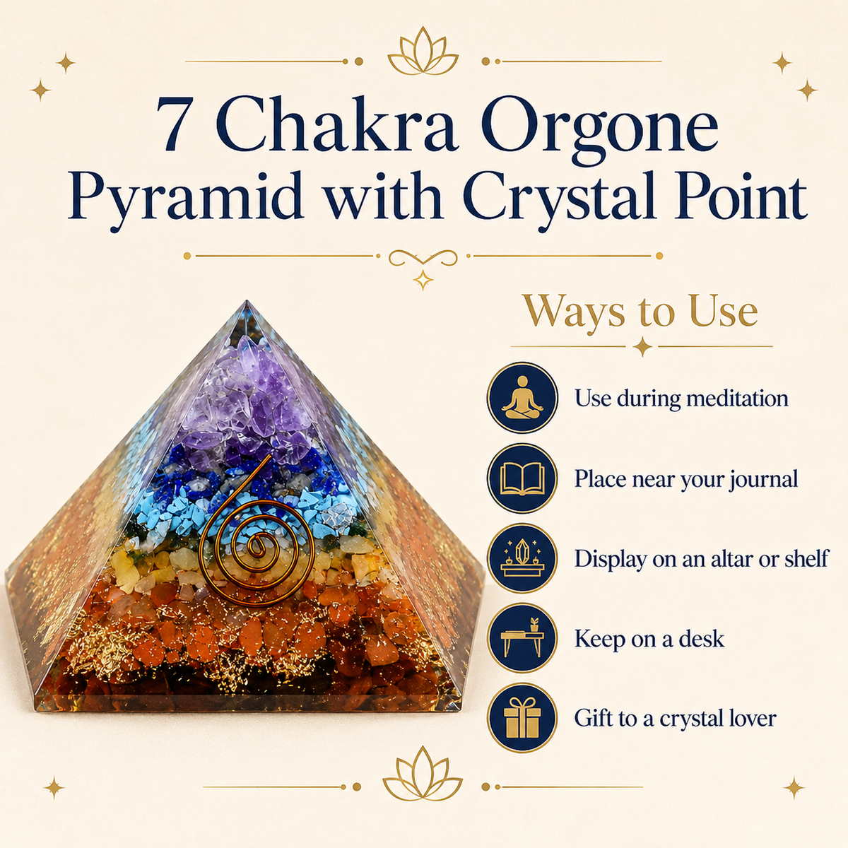 7 Chakra Orgone pyramid With Clear Quartz Crystal Pencil  DestGlow