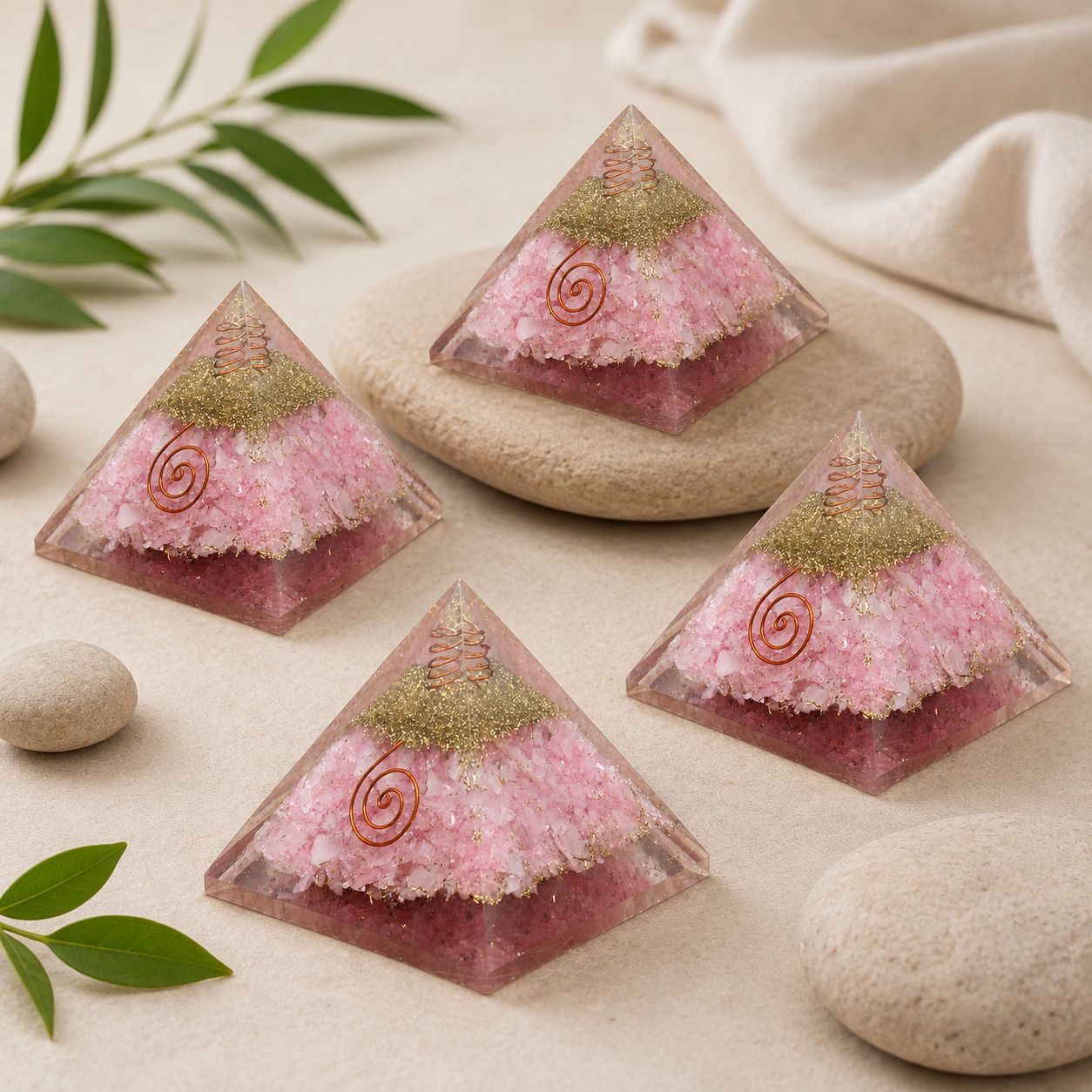 Rose Quartz Orgone pyramid, Clear Quartz Crystal Pencil  DestGlow