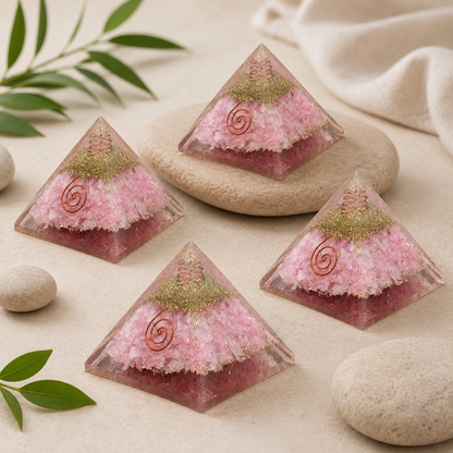 Rose Quartz Orgone pyramid, Clear Quartz Crystal Pencil  DestGlow