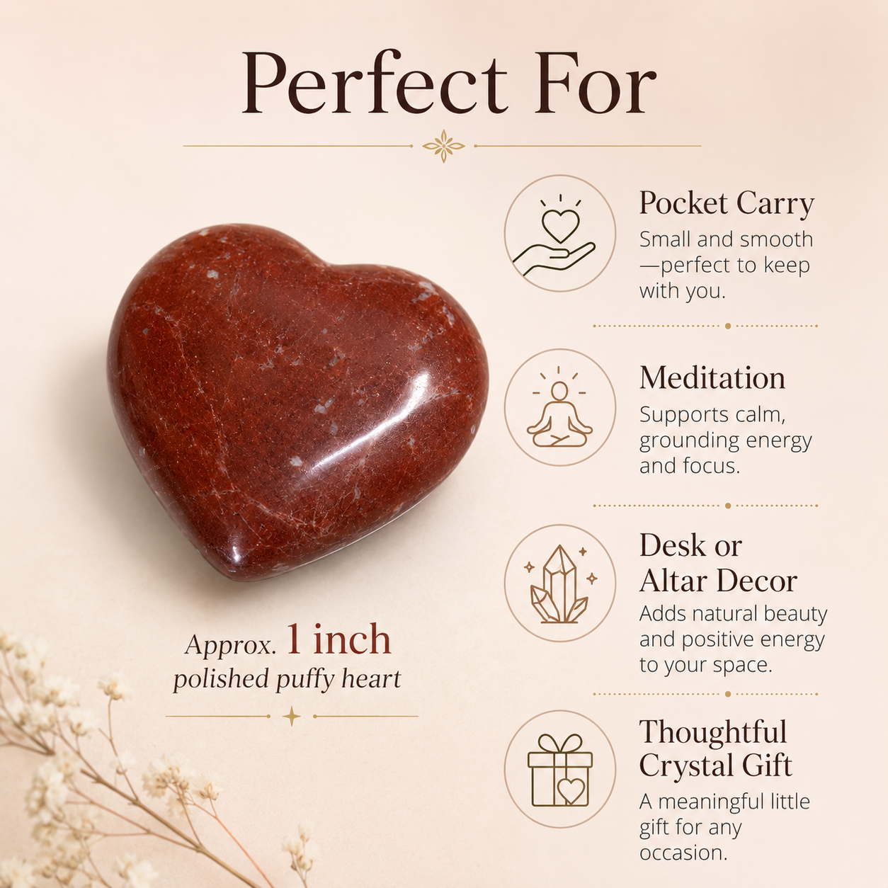 Red Jasper Heart Crystal, Puffy Mini 1 Inch Pocket Crystal Heart  DestGlow