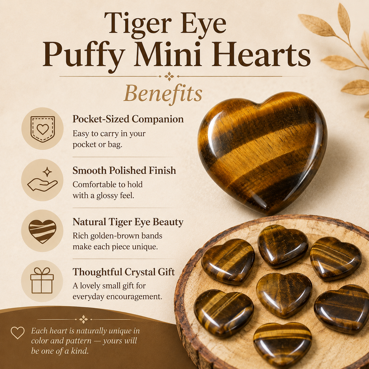 Tiger Eye Heart Crystal, Puffy Mini 1 Inch Pocket Crystal Heart  DestGlow