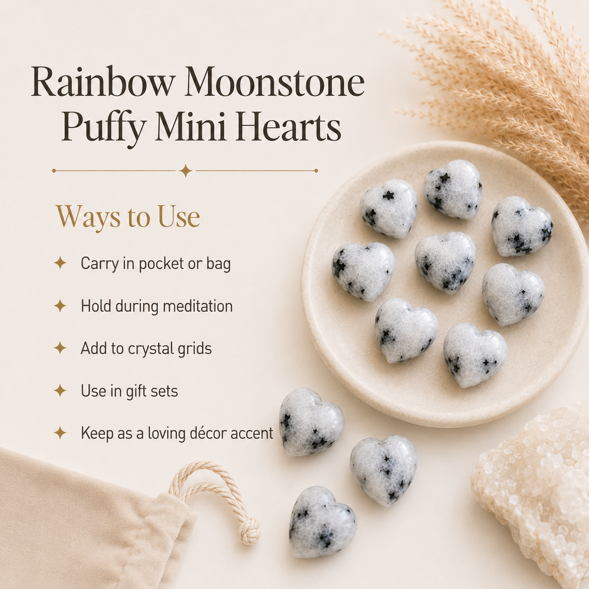 Rainbow Moonstone Heart Crystal, Puffy Mini 1 Inch Pocket Crystal Heart  DestGlow