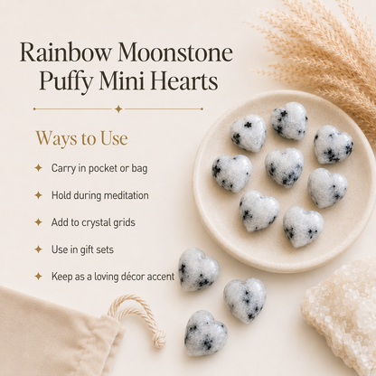Rainbow Moonstone Heart Crystal, Puffy Mini 1 Inch Pocket Crystal Heart  DestGlow