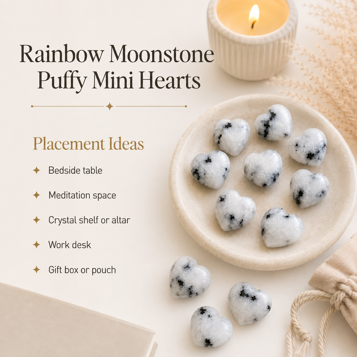Rainbow Moonstone Heart Crystal, Puffy Mini 1 Inch Pocket Crystal Heart  DestGlow