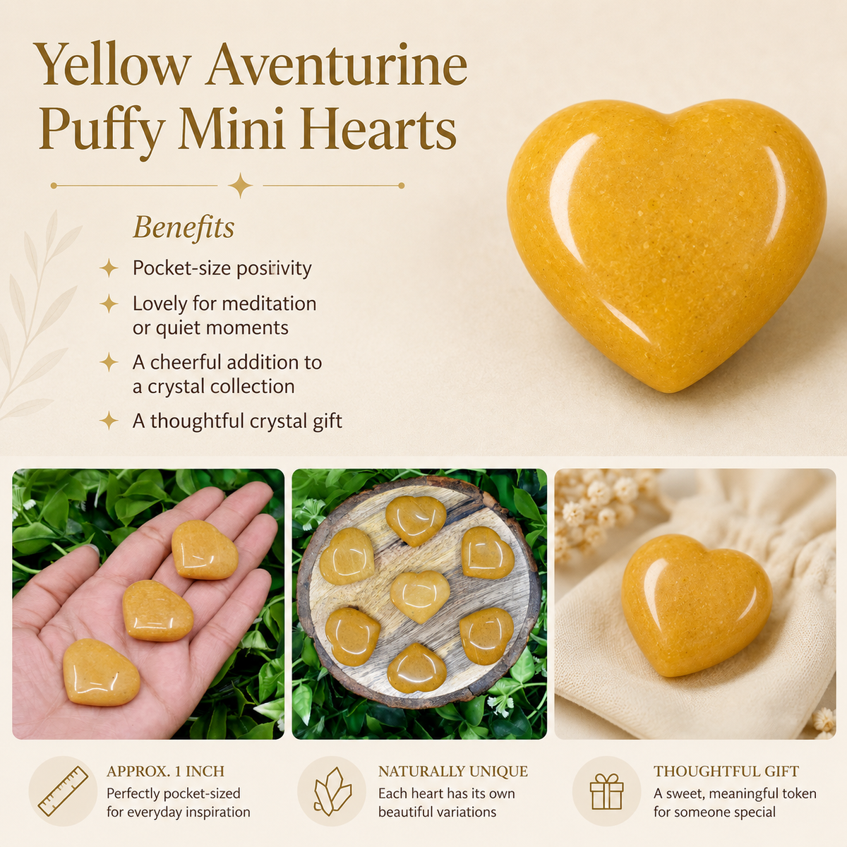 Yellow Aventurine Heart Crystal, Puffy Mini 1 Inch Pocket Crystal Heart  DestGlow