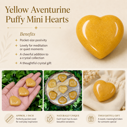 Yellow Aventurine Heart Crystal, Puffy Mini 1 Inch Pocket Crystal Heart  DestGlow