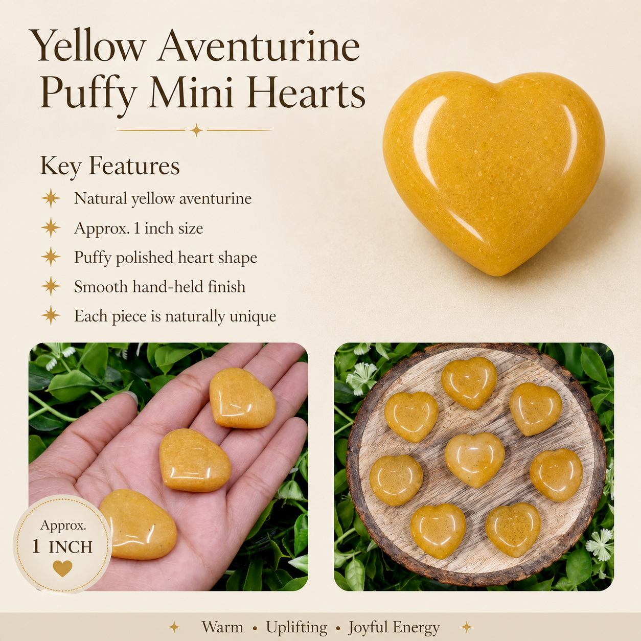 Yellow Aventurine Heart Crystal, Puffy Mini 1 Inch Pocket Crystal Heart  DestGlow