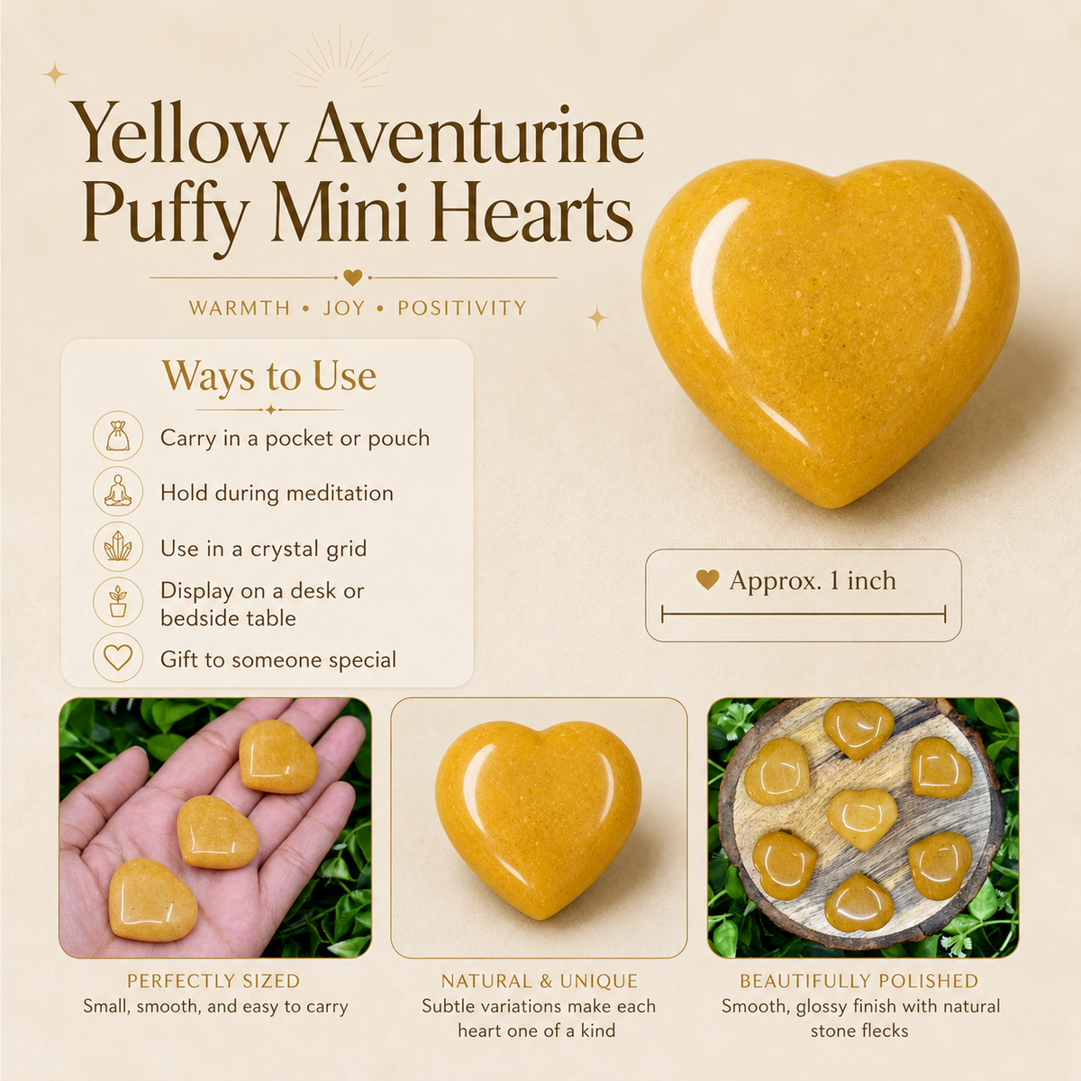 Yellow Aventurine Heart Crystal, Puffy Mini 1 Inch Pocket Crystal Heart  DestGlow