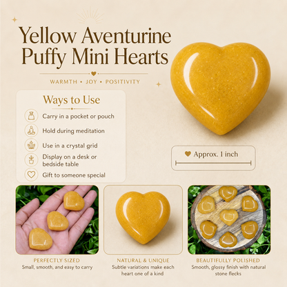 Yellow Aventurine Heart Crystal, Puffy Mini 1 Inch Pocket Crystal Heart  DestGlow