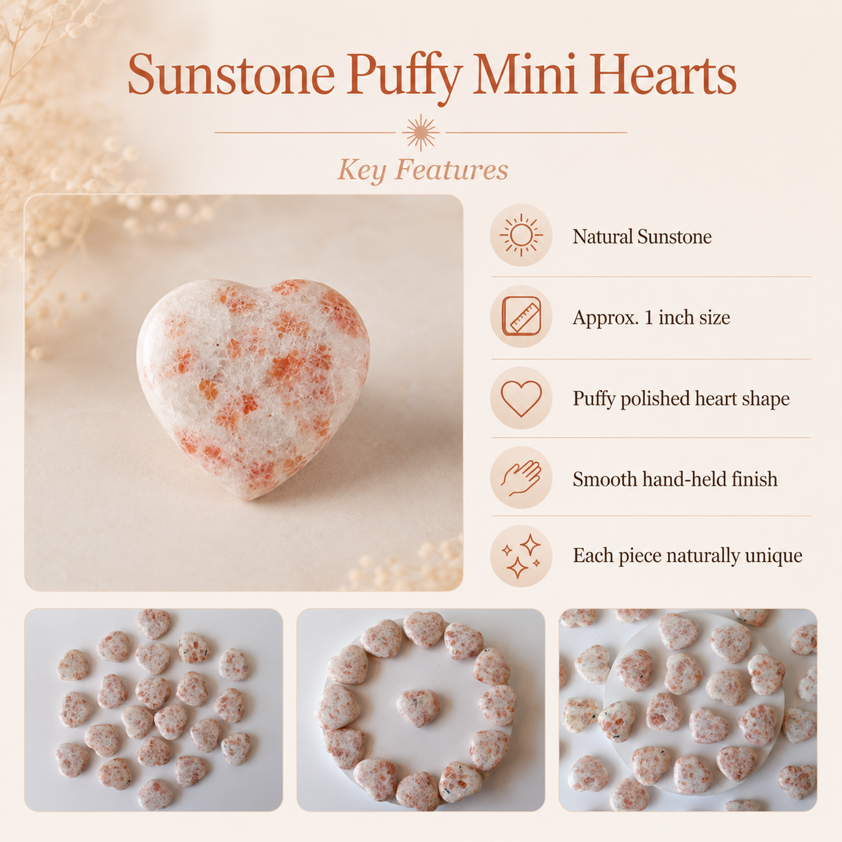 Sunstone Heart Crystal, Puffy Mini 1 Inch Pocket Crystal Heart.