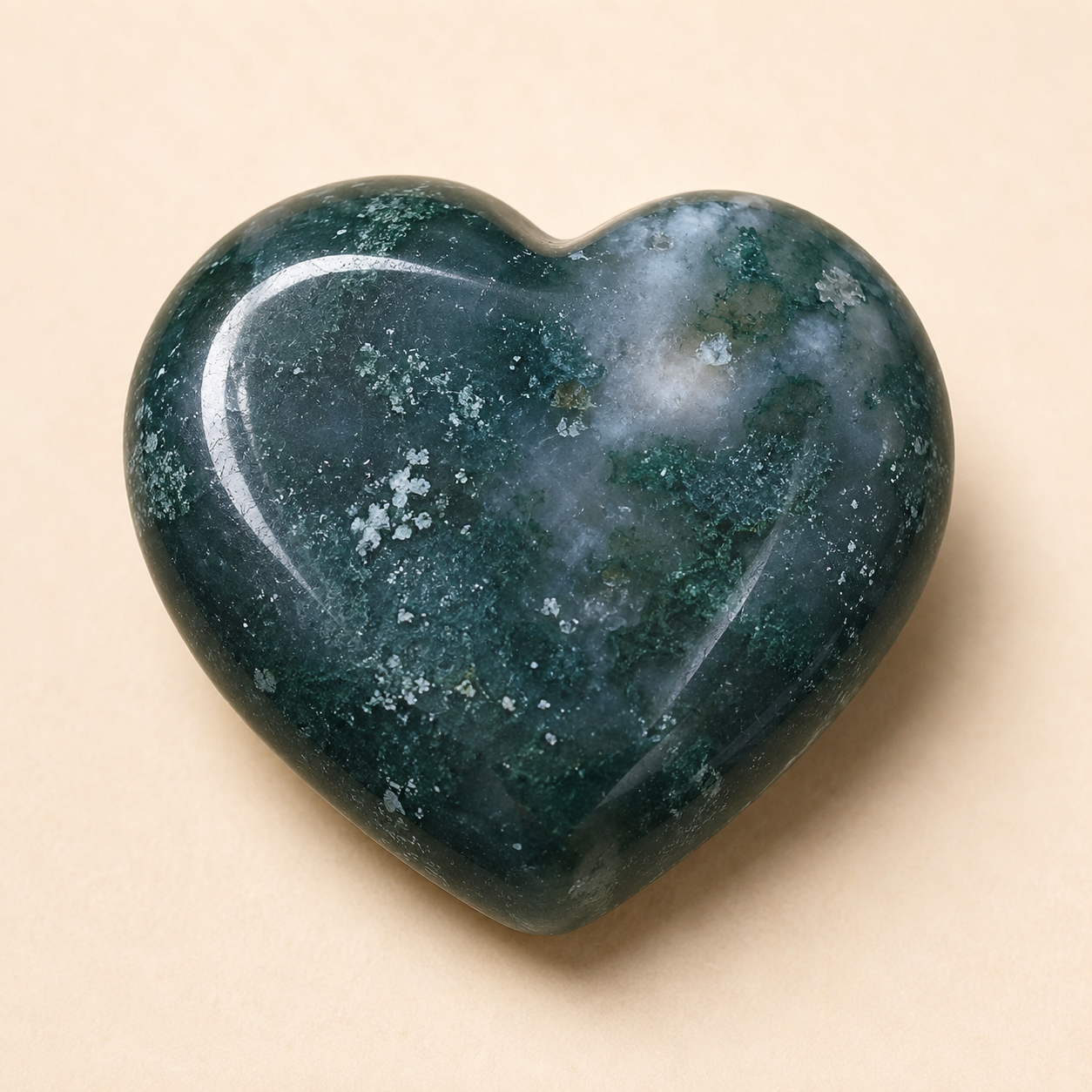 Moss Agate Heart Crystal, Puffy Mini 1 Inch Pocket Crystal Heart.  DestGlow