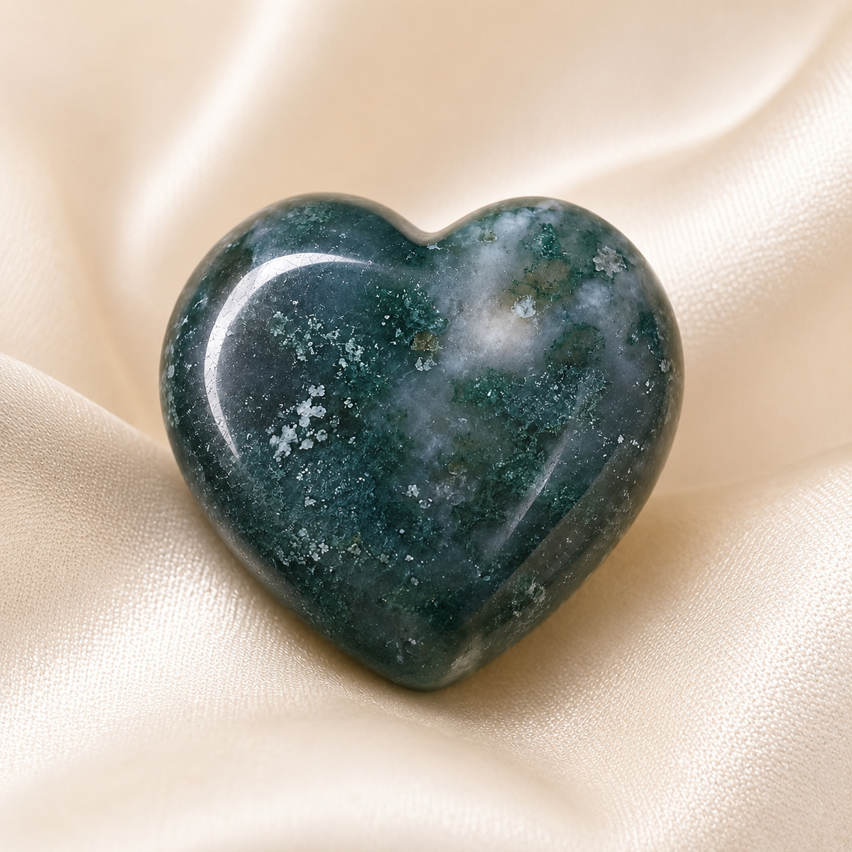 Moss Agate Heart Crystal, Puffy Mini 1 Inch Pocket Crystal Heart.  DestGlow