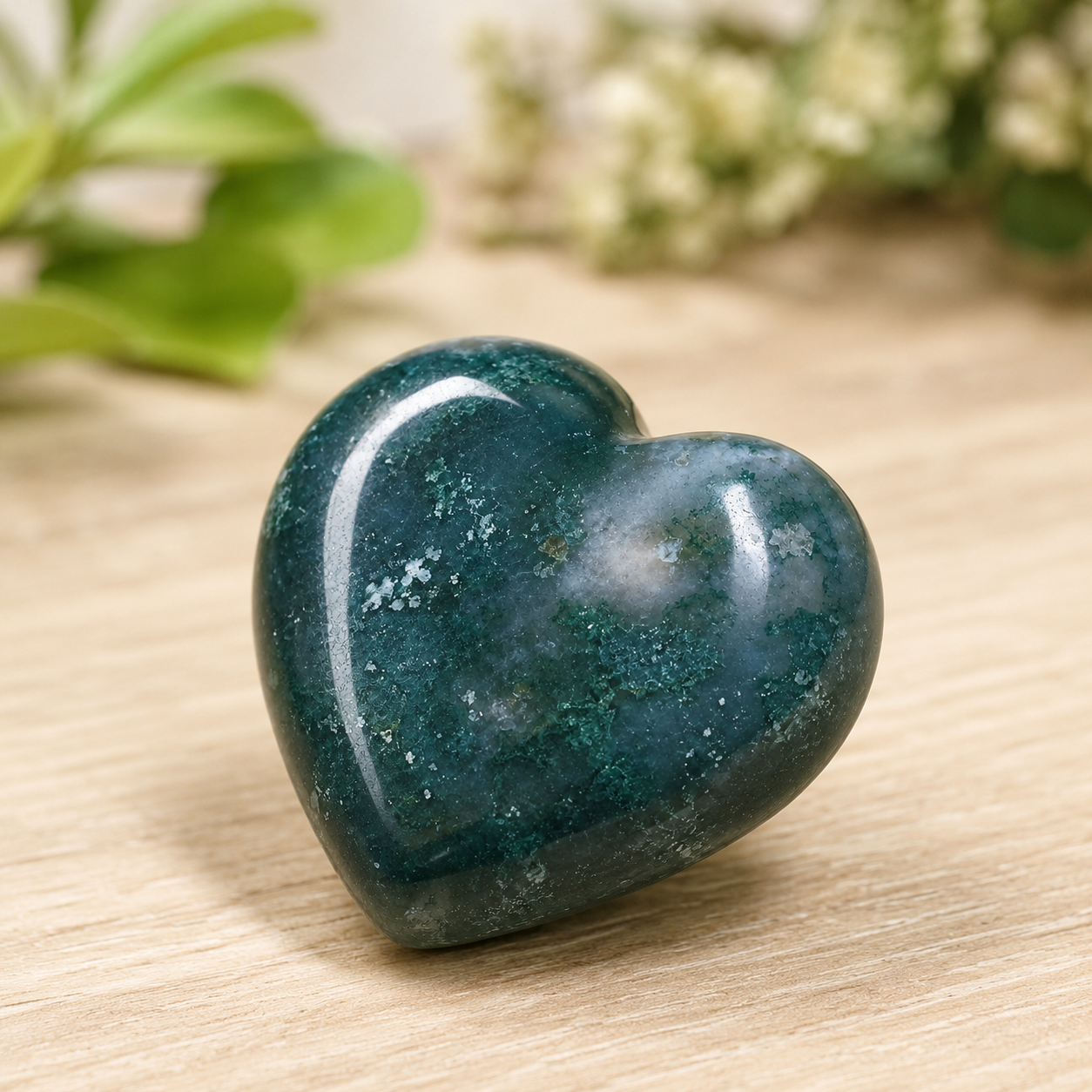 Moss Agate Heart Crystal, Puffy Mini 1 Inch Pocket Crystal Heart.
