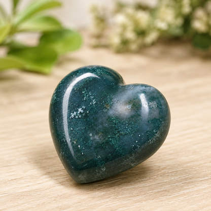 Moss Agate Heart Crystal, Puffy Mini 1 Inch Pocket Crystal Heart.