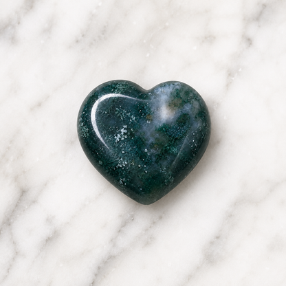 Moss Agate Heart Crystal, Puffy Mini 1 Inch Pocket Crystal Heart.  DestGlow