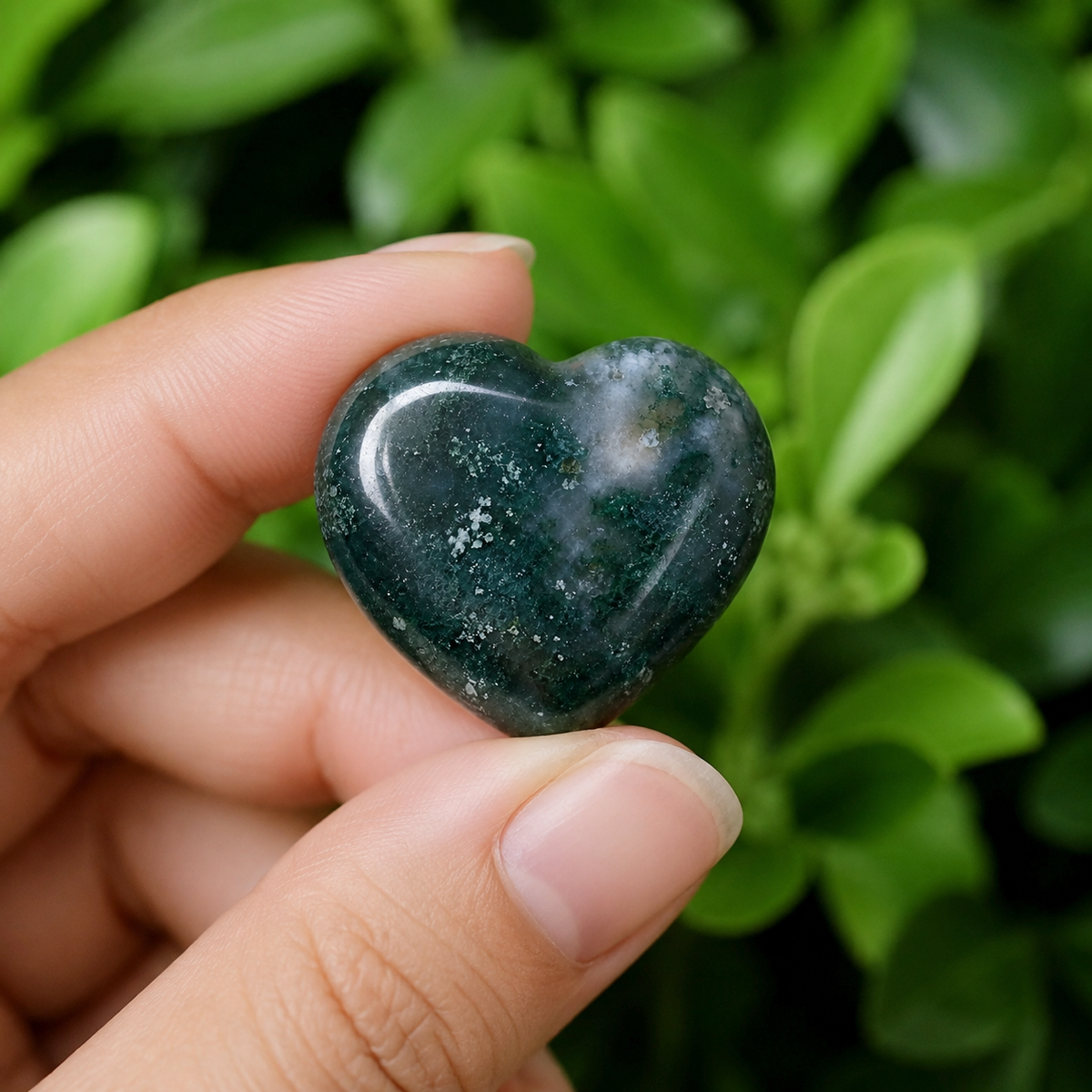 Moss Agate Heart Crystal, Puffy Mini 1 Inch Pocket Crystal Heart.  DestGlow