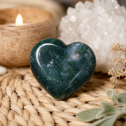 Moss Agate Heart Crystal, Puffy Mini 1 Inch Pocket Crystal Heart.  DestGlow