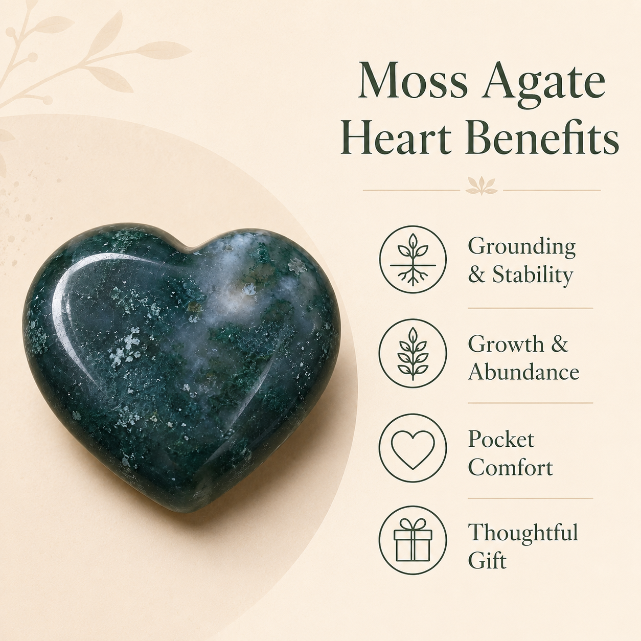 Moss Agate Heart Crystal, Puffy Mini 1 Inch Pocket Crystal Heart.