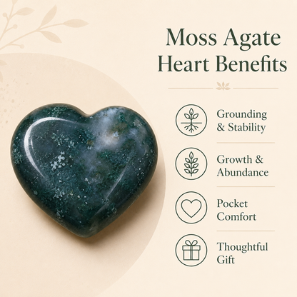 Moss Agate Heart Crystal, Puffy Mini 1 Inch Pocket Crystal Heart.