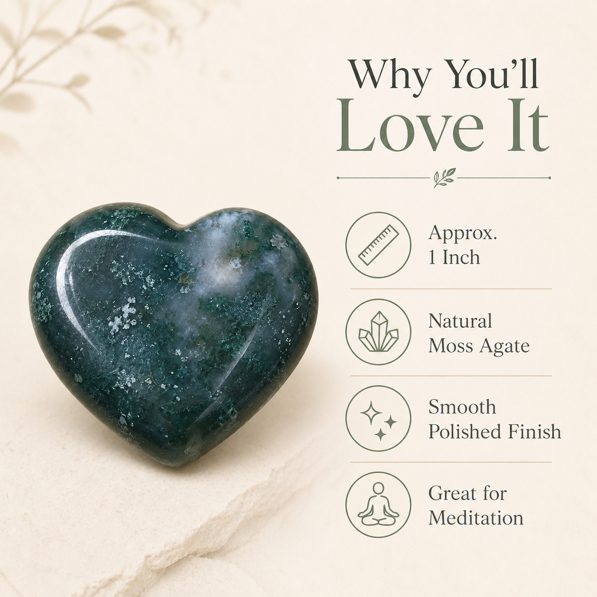 Moss Agate Heart Crystal, Puffy Mini 1 Inch Pocket Crystal Heart.  DestGlow
