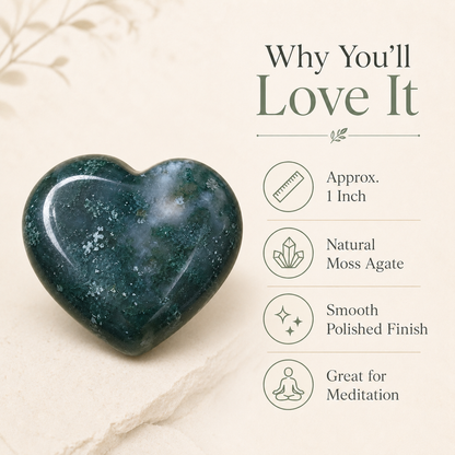 Moss Agate Heart Crystal, Puffy Mini 1 Inch Pocket Crystal Heart.  DestGlow