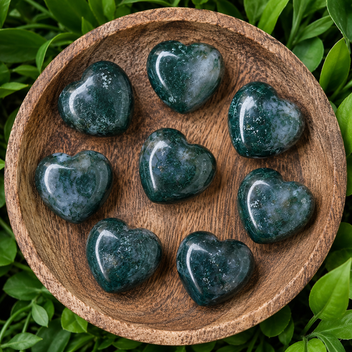 Moss Agate Heart Crystal, Puffy Mini 1 Inch Pocket Crystal Heart.  DestGlow