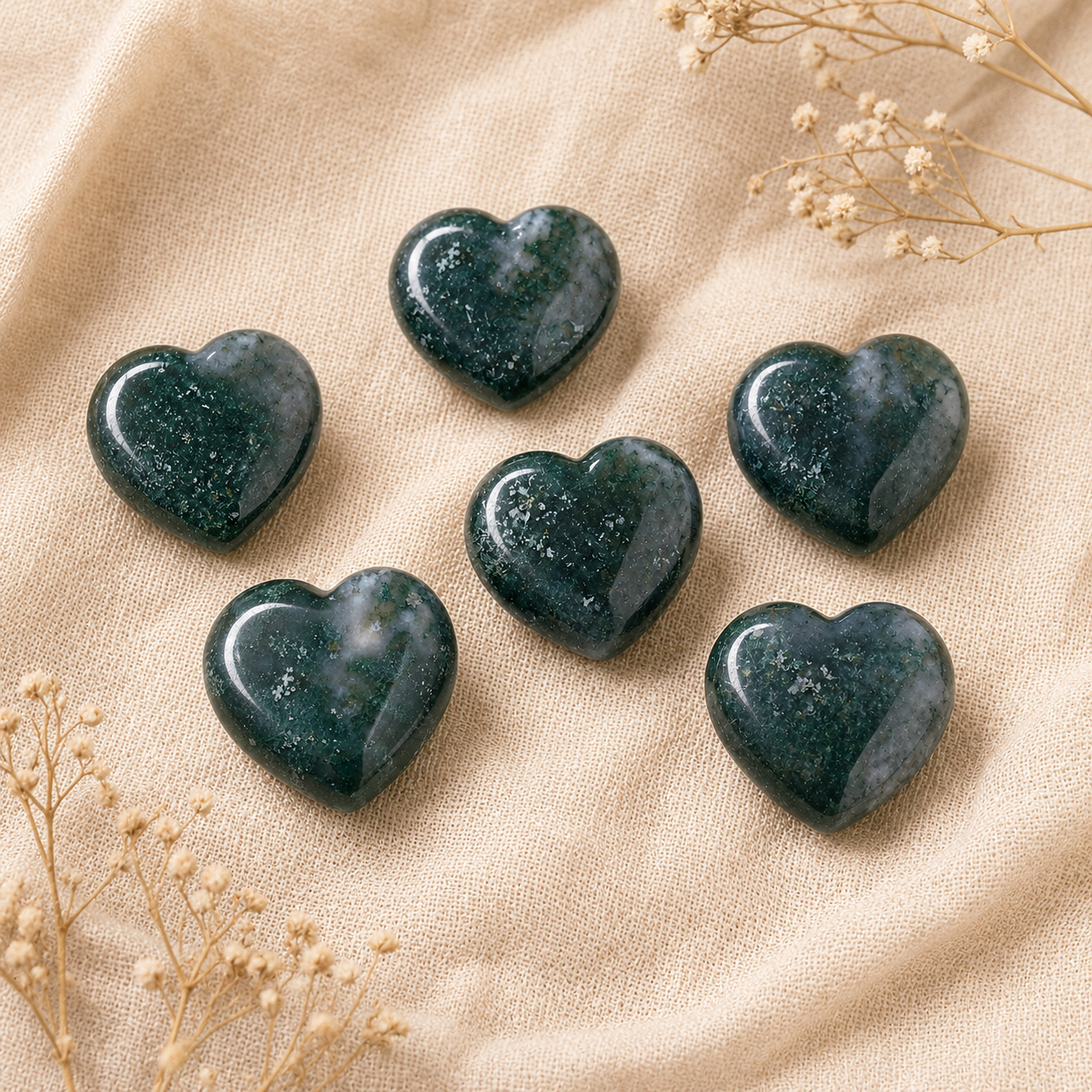 Moss Agate Heart Crystal, Puffy Mini 1 Inch Pocket Crystal Heart.  DestGlow
