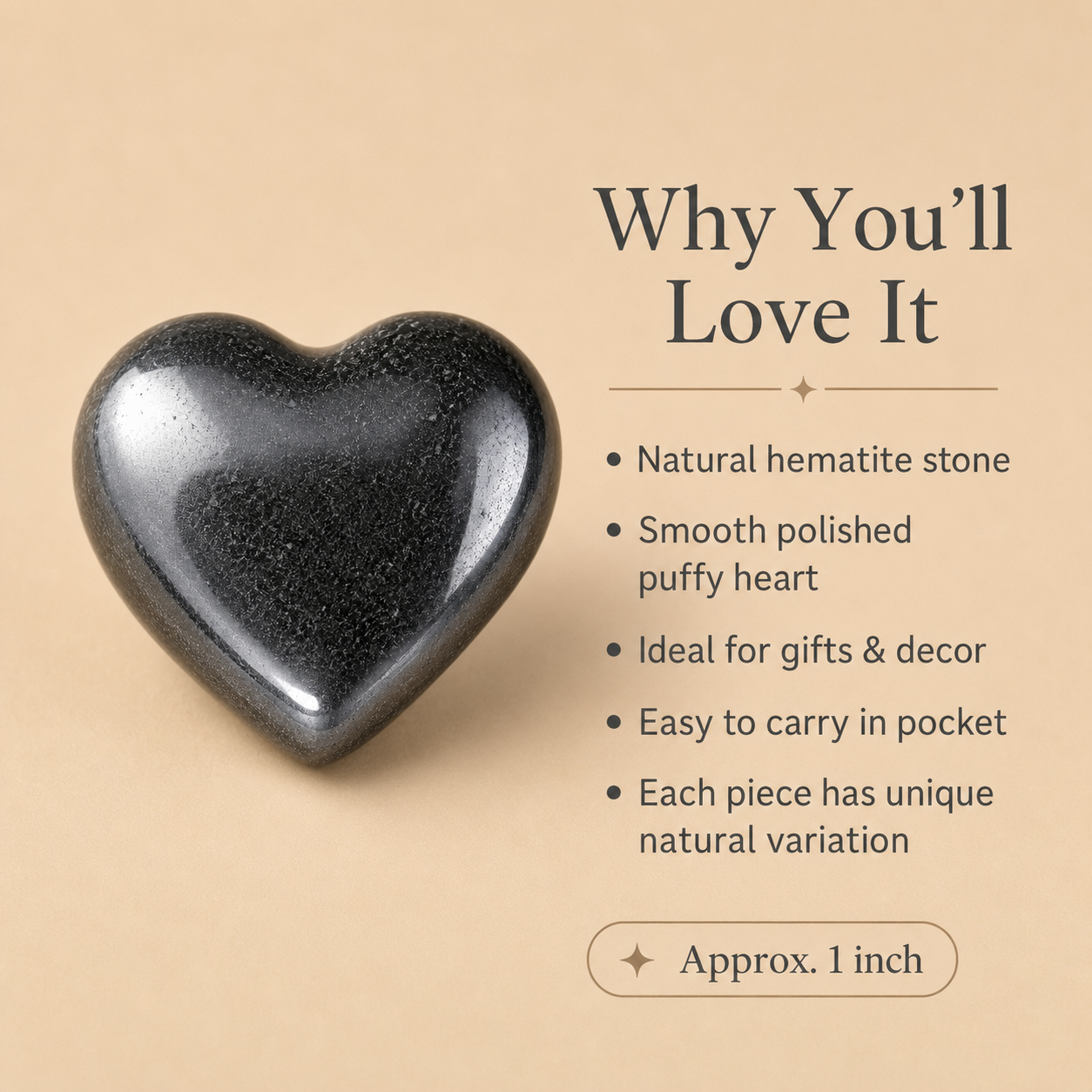 Hematite Heart Crystal, Puffy Mini 1 Inch Pocket Crystal Heart  DestGlow
