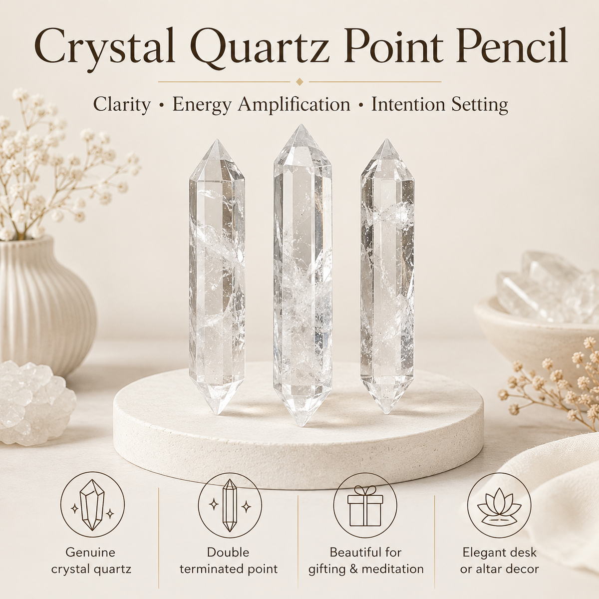 Crystal Quartz Point Pencils ( Mental Clarity and Emotional Stability)  DestGlow