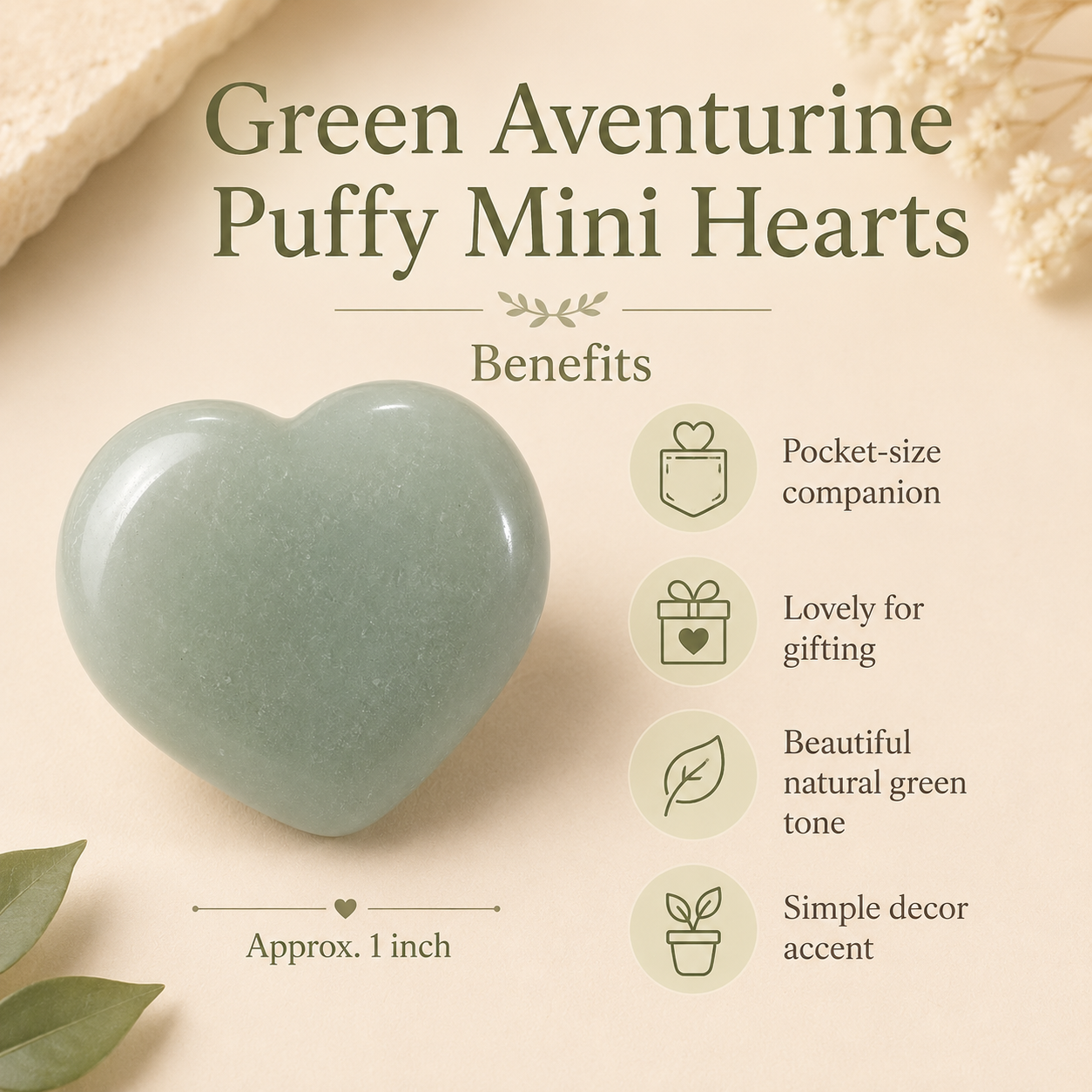 Green Aventurine Heart Crystal, Puffy Mini 1 Inch Pocket Crystal Heart  DestGlow