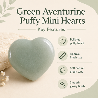 Green Aventurine Heart Crystal, Puffy Mini 1 Inch Pocket Crystal Heart  DestGlow