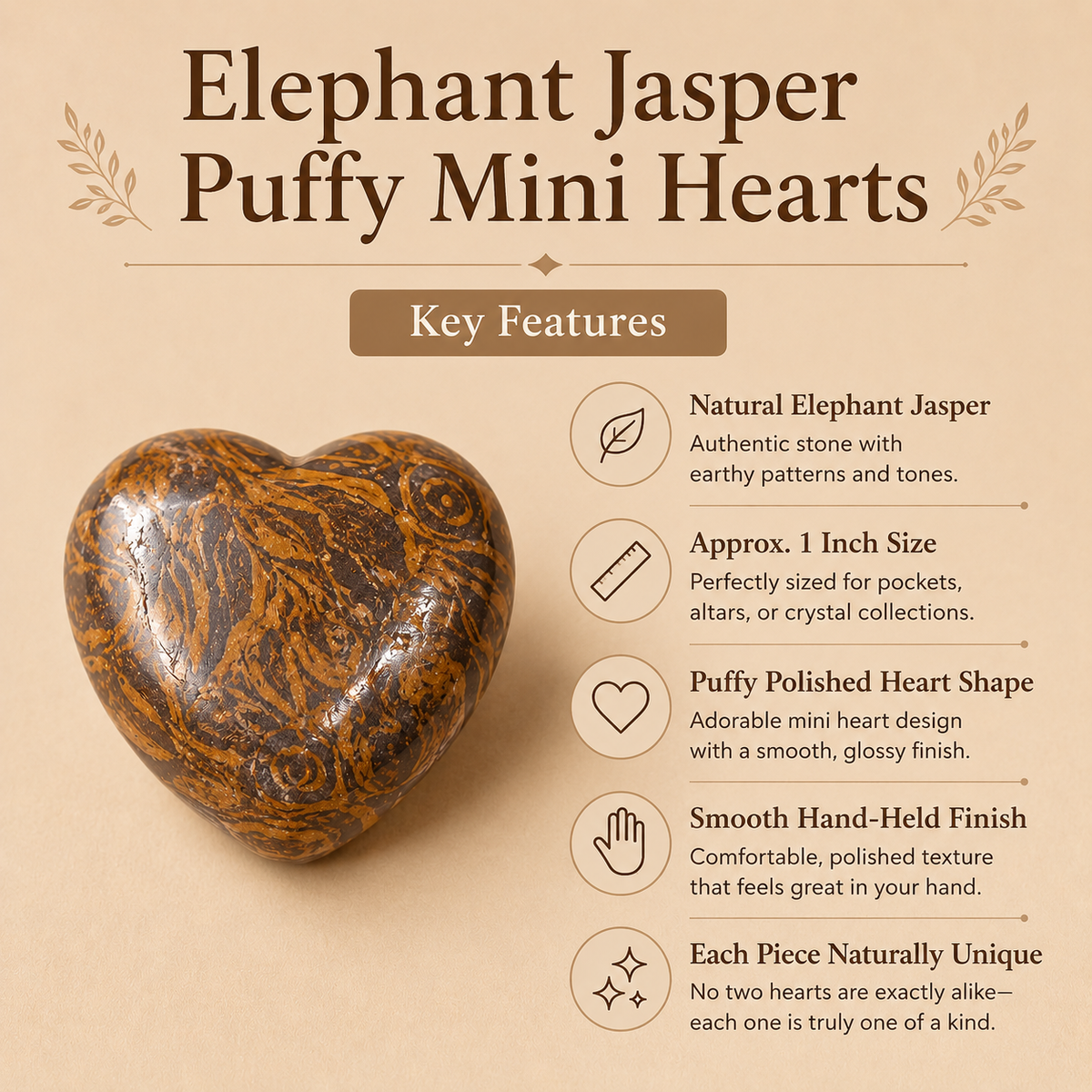 Elephant Jasper Heart Crystal, Puffy Mini 1 Inch Pocket Crystal Heart  DestGlow