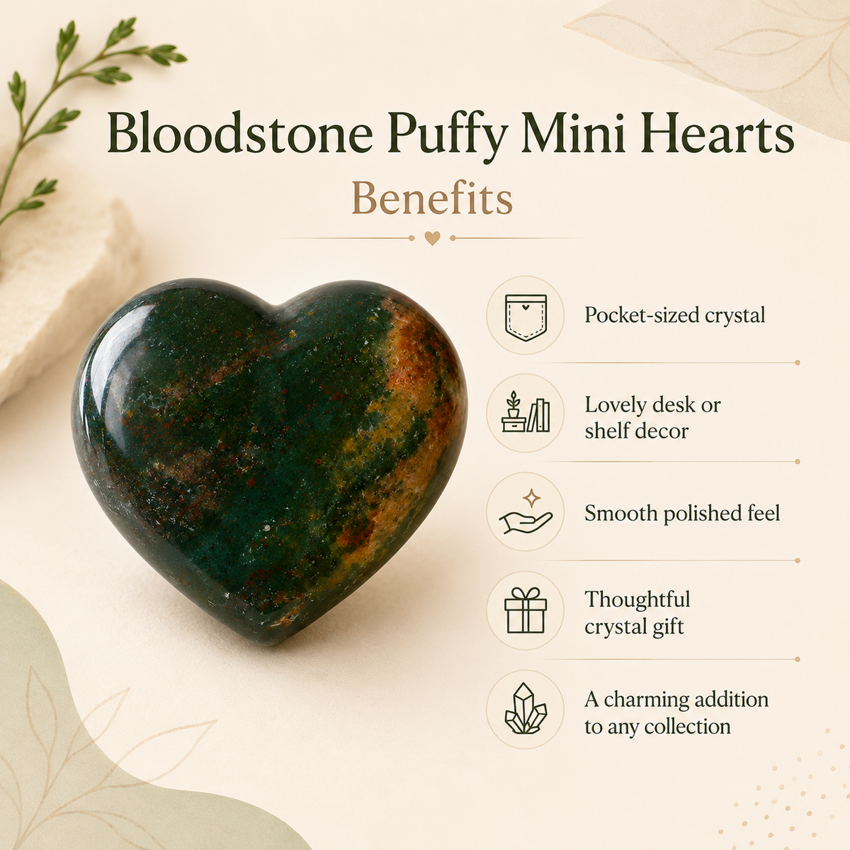 Bloodstone Heart Crystal, Puffy Mini 1 Inch Pocket Crystal Heart  DestGlow