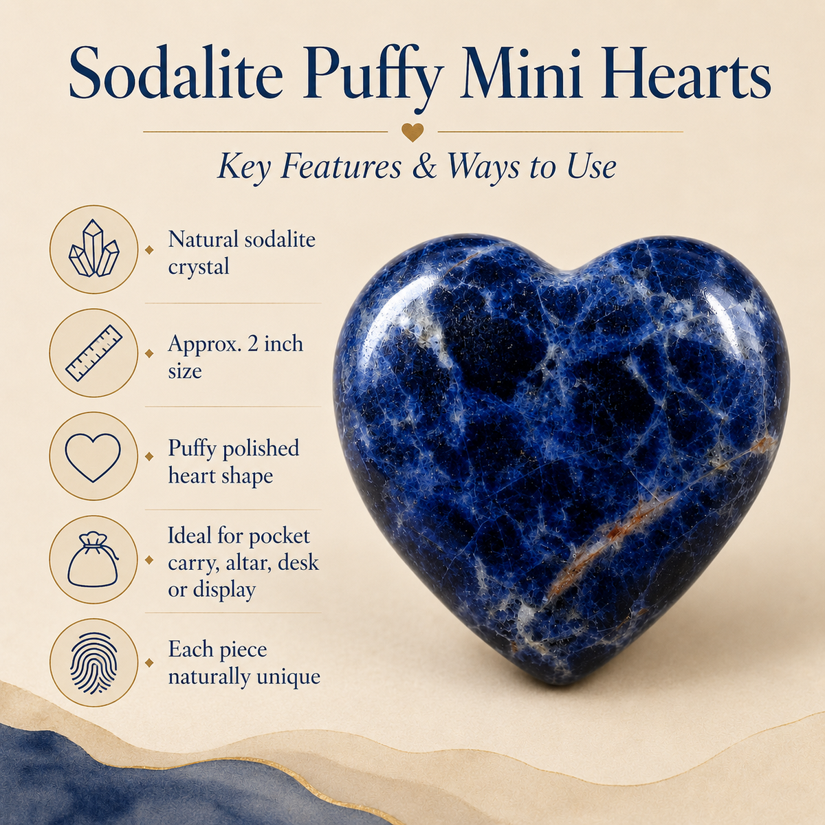 Polished Sodalite Heart Crystal, Puffy Mini 2 Inch Pocket Crystal Heart  DestGlow
