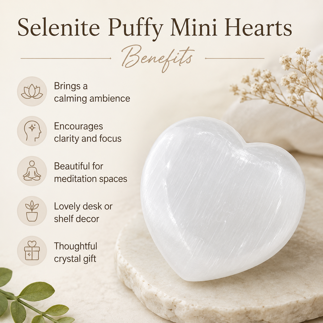 Polished Selenite Heart Crystal, Puffy Mini 2 Inch Pocket Crystal Heart  DestGlow