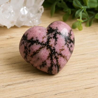 Polished Rhodonite Heart Crystal, 2 Inch Pocket Heart Large Puffy Crystal Heart  DestGlow