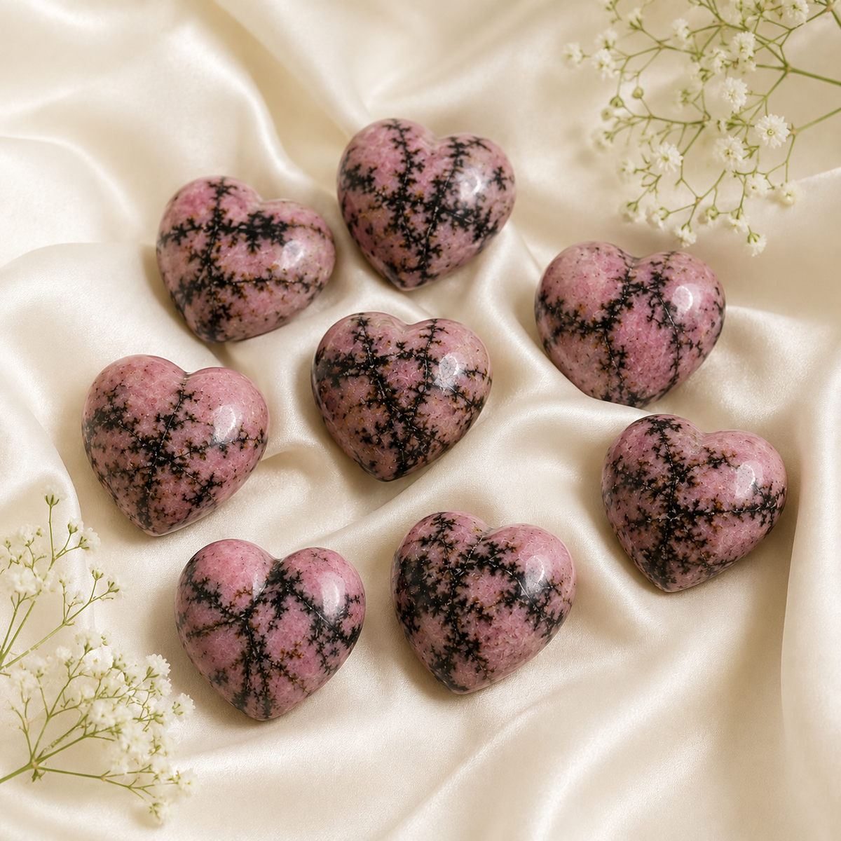 Polished Rhodonite Heart Crystal, 2 Inch Pocket Heart Large Puffy Crystal Heart  DestGlow