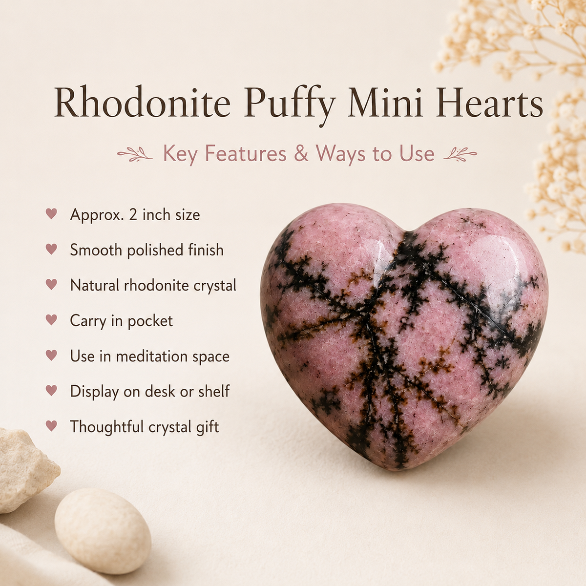 Polished Rhodonite Heart Crystal, 2 Inch Pocket Heart Large Puffy Crystal Heart  DestGlow